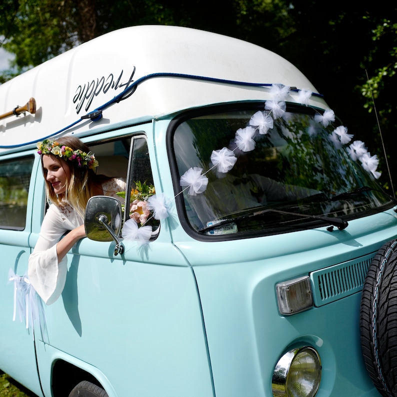 White Tulle Wedding Car Decorations Wedding Transport Wedding Camper Van Car Garland Tassels White Wedding Decorations Just Married