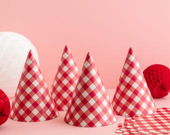 Red Gingham Party Hats - 4 Pack - Birthday Party Check Theme Party Accessories Kids Party Family Checked Party Hats