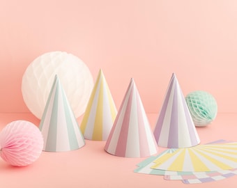 Pastel Striped Party Hats - 4 Pack - Flatpack Birthday Party Pastel Theme Party Accessories Kids Party Family Stripy Party Hats
