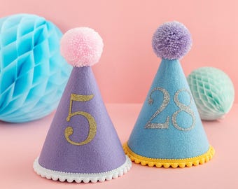 Felt Any Age Birthday Party Hat With Colourful Pom Pom And Trim - Pastel Birthday Hat Custom Party Hat For Birthday Gift Ideas