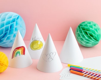 Create Your Own Party Hats - 4 Pack - Flat Pack Matte White Birthday Party Crafts Accessories Kids Party Family DIY Party Games Activities