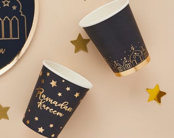 Ramadan Kareem Pappbecher - 8er Pack - Eid Feier Party Navy Gold Tischdekoration Ramadan Eid Mubarak Einweggeschirr