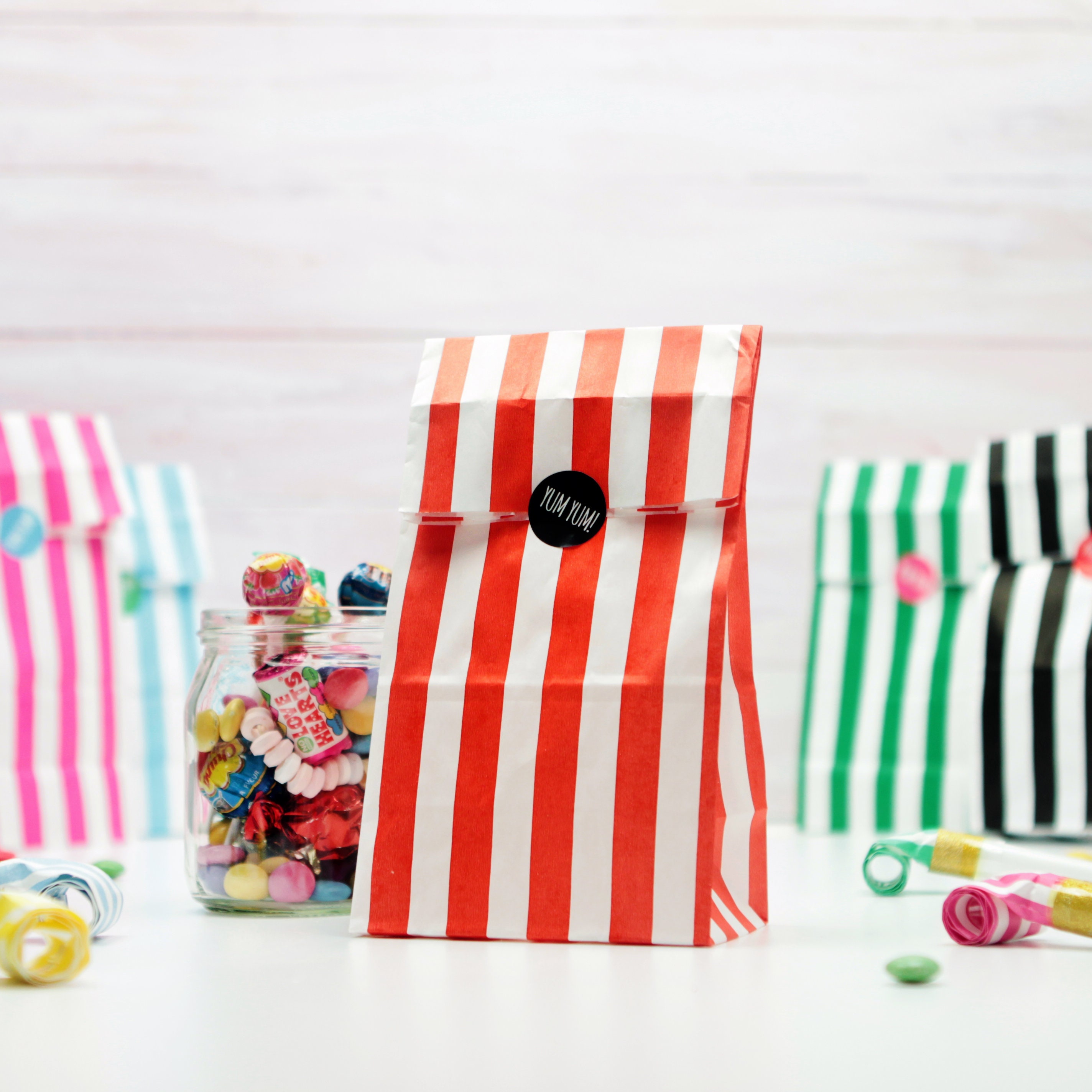 Stripy Candy Treat Bags with Yum Yum Stickers Party Bags | Etsy