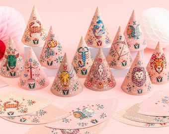 Zodiac Party Hats - 12 Pack - Flatpack Birthday Party Star Sign Theme Party Accessories Kids Party Family Unique Party Hats