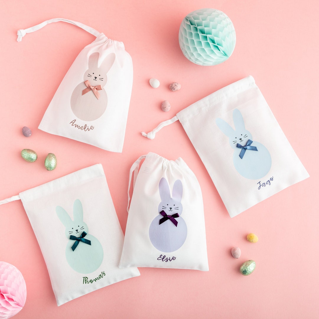 Personalised Easter Bunny Bow Tie Gift Bag Pastel Treat Bag Bunny White