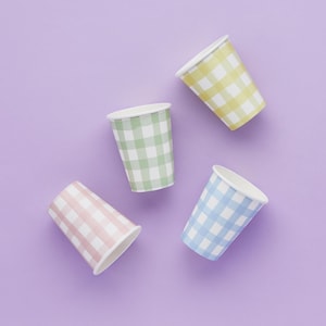 Pastell Gingham Pappbecher - 8er Pack - Karierte Geburtstags-Papierbecher Einweggeschirr Bunte Sommer-Picknick-Party