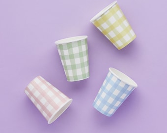 Pastel Gingham Paper Cups - 8 Pack - Checked Birthday Paper Cups Disposable Tableware Colourful Summer Picnic Party