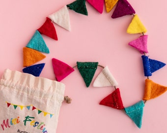 Colourful Felt Mini Bunting - 200cm - Multicoloured Room Decorations Flag Bunting Sustainable Christmas Tree Tinsel Birthday Party Garlands