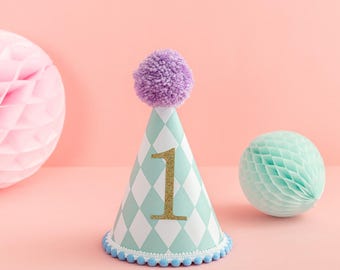 Baby's First Birthday Harlequin Pastel Hat With Colourful Pom Pom 1st Birthday Personalised Personalized First Birthday Cake Smash