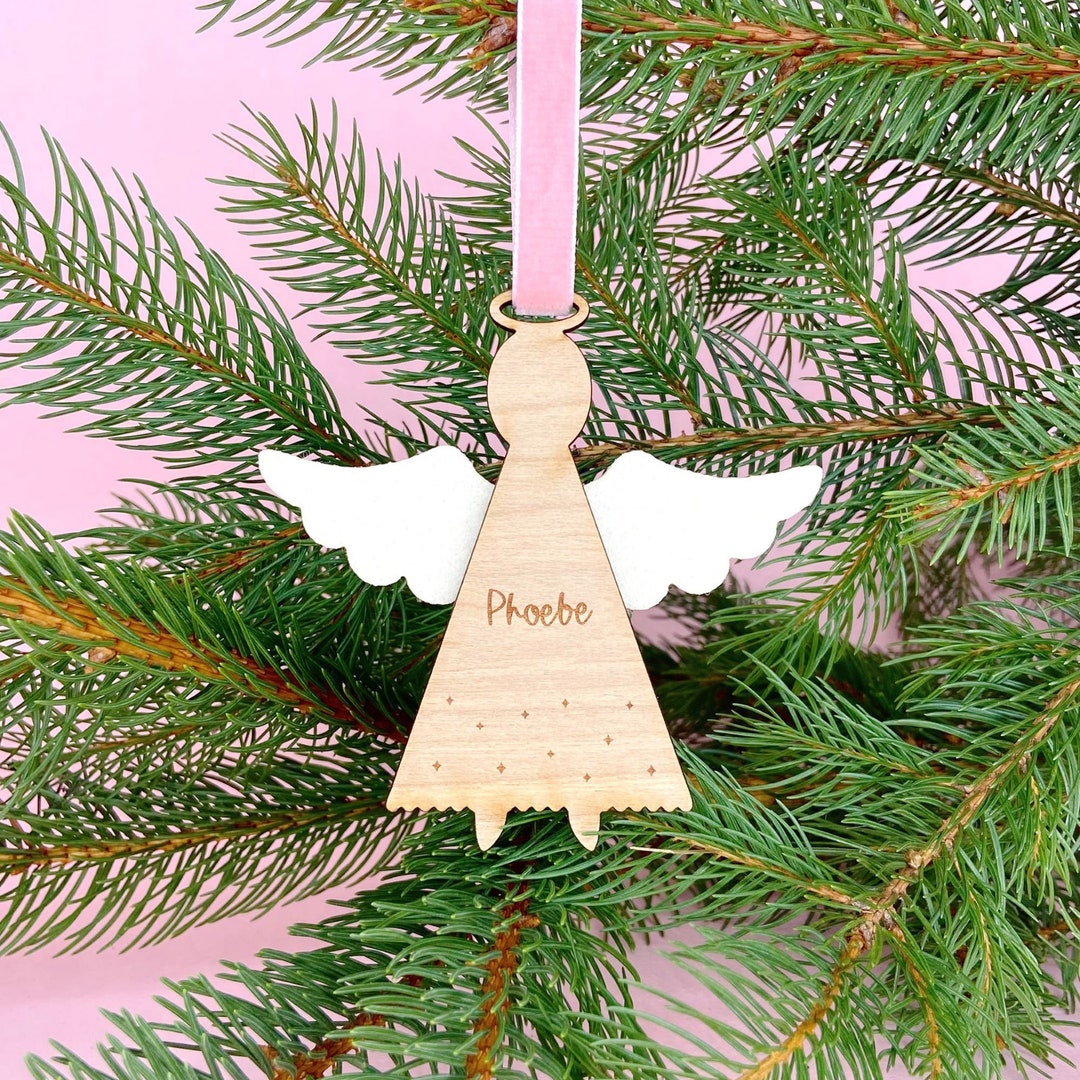 Personalised Wooden Angel Tree Decoration - Pink Blue White Ribbon ...