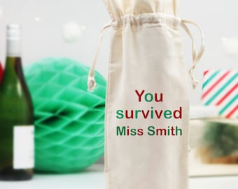 Any Text Christmas Teacher Bottle Bag - Personalised Thank You Gift Ideas Wine Gifts Teacher Gifts Festive Alcohol Gifts Gin Bottle Keepsake