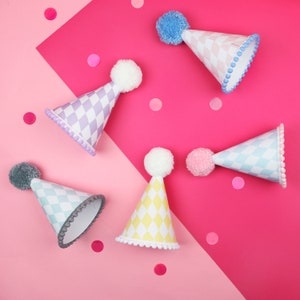 Personalised Harlequin Pastel Party Hat With Colourful Woollen Pom Pom ...