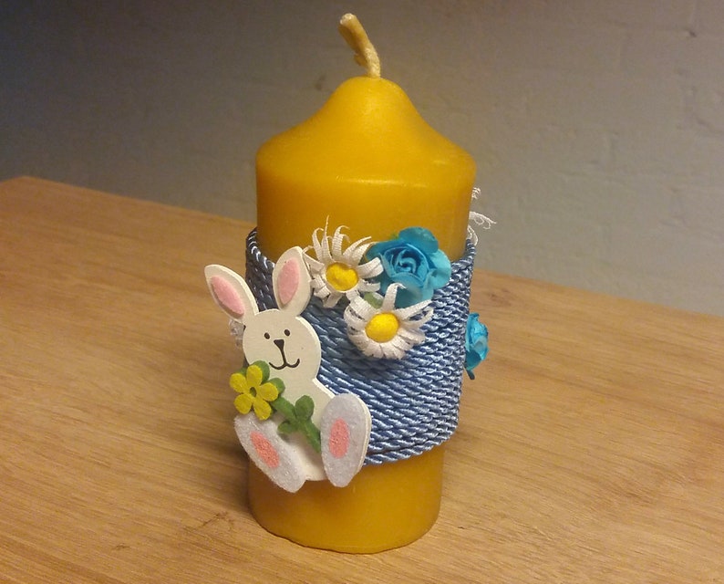 bee wax candles candle for lanterns wind lights and decoration Pillar candle from beeswax wrapped with blossoms and Easter bunny