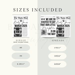 May include: A printable announcement for a baby's arrival. The announcement is styled like a vintage newspaper with the headline "The Baby Mail". The announcement includes the baby's name, "Baby Jones", and the expected due date, "March 2025". The announcement is available in single and spread sizes, including 8.5 x 11 inches, A4, A5, 17 x 11 inches, 18 x 24 inches, and 22 x 28 inches.