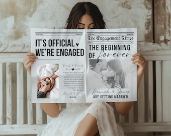 Wedding Engagement Newspaper template, Bespoke Editable Canva newspaper wedding engagement, Engagement Wedding Newspaper For Photography
