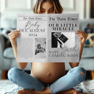 Große bearbeitbare Schwangerschaftsankündigungszeitung, Canva Zeitung Schwangerschaftsankündigung, doppelseitige Babyzeitungsbenachrichtigung Fotoshooting