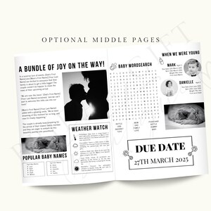 May include: A black and white printable baby shower booklet with pages titled "A Bundle of Joy on the Way!" and "When We Were Young." The booklet includes a baby word search, a weather watch, popular baby names, and a due date of March 27th, 2025.