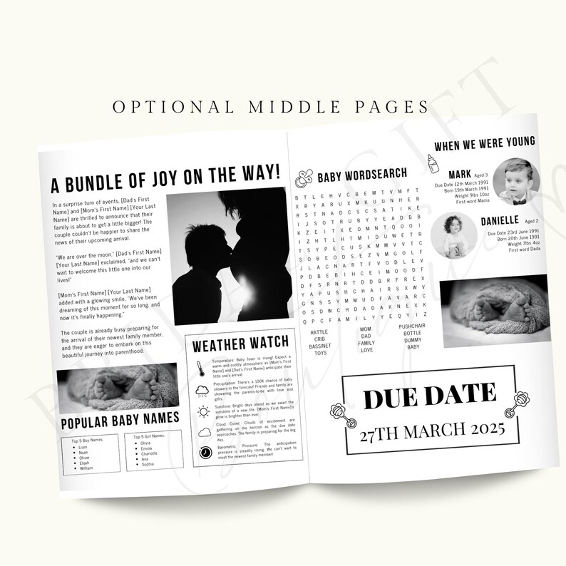 May include: A black and white printable baby shower booklet with pages titled "A Bundle of Joy on the Way!" and "When We Were Young." The booklet includes a baby word search, a weather watch, popular baby names, and a due date of March 27th, 2025.