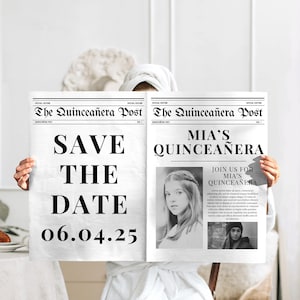 Quinceañera Save the Date Newspaper Template, Canva Editable Invitation for Quince Photoshoot, Personalized Sweet 15 Announcement Template