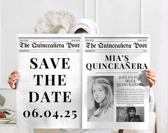 Quinceañera Save the Date Newspaper Template, Canva Editable Invitation for Quince Photoshoot, Personalized Sweet 15 Announcement Template
