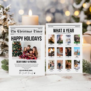 編集可能なCanvaクリスマス新聞、印刷可能なホリデーニュースレター、クリスマスカード新聞テンプレート、2024年の年次レビューの印刷可能な記念品