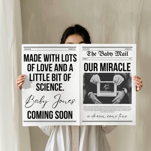 IVF Schwangerschaftsankündigung Zeitung, Canva Zeitung IVF Schwangerschaftsankündigung, doppelseitige Zeitung mit wissenschaftlicher Babyankündigung