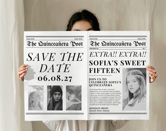 Canva Editable Invitation for Quinceañera Photoshoot, Quince Save the Date Newspaper Template, Personalized Sweet 15 Announcement Template