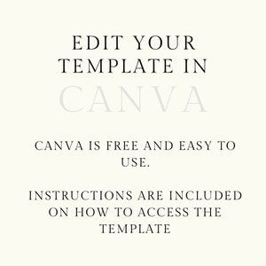 May include: Text graphic with the words "Edit Your Template in Canva" in black text. Below the text is "Canva is free and easy to use." in smaller black text. Below that is "Instructions are included on how to access the template" in black text.