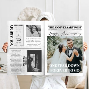 Plantilla de periódico de aniversario de bodas de un año, programa de aniversario en papel editable, plantilla de periódico de Canva para regalo de primer aniversario imprimible