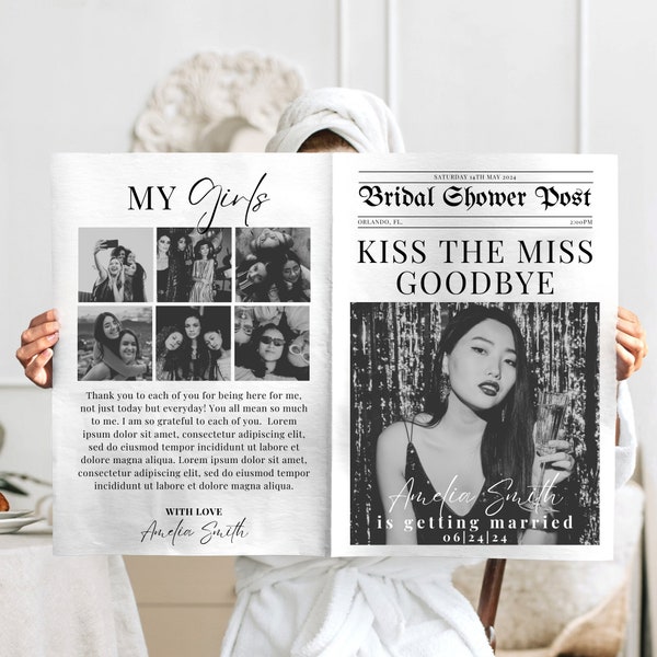 Bridal Shower Newspaper Template, Canva Template, Shower Timeline, Double sided Newspaper with Bridal Shower Games, Fun Editable Newspaper