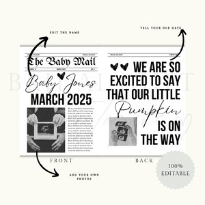 May include: A black and white printable announcement for a baby shower. The front of the announcement features a newspaper-style design with the headline "The Baby Mail" and the text "Baby Jones March 2025". The back of the announcement features the text "We are so excited to say that our little Pumpkin is on the way".
