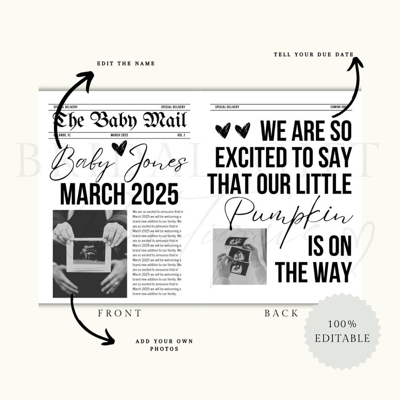 May include: A black and white printable announcement for a baby shower. The front of the announcement features a newspaper-style design with the headline "The Baby Mail" and the text "Baby Jones March 2025". The back of the announcement features the text "We are so excited to say that our little Pumpkin is on the way".