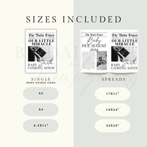 May include: A printable baby announcement design in the style of a newspaper. The design features a black and white image of an ultrasound and the text "The Baby Times" and "Our Little Miracle". The design is available in several sizes, including 8.5 x 11 inches, A4, and A5.