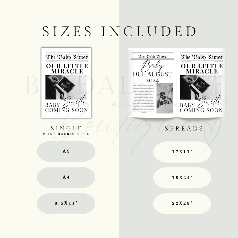 May include: A printable baby announcement design in the style of a newspaper. The design features a black and white image of an ultrasound and the text "The Baby Times" and "Our Little Miracle". The design is available in several sizes, including 8.5 x 11 inches, A4, and A5.