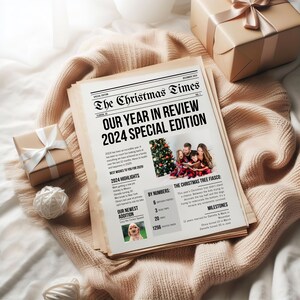2024 年の振り返りの印刷可能な記念品、新聞のクリスマス カード テンプレート、編集可能な Canva クリスマス新聞、印刷可能なホリデー ニュースレター