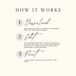 May include: A white background with three steps on how to download, edit, and print a digital product. The steps are numbered 1, 2, and 3. Each step has a circle with the number inside and a word describing the step. Step 1 is "Download", step 2 is "Edit", and step 3 is "Print".