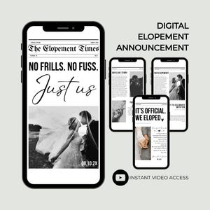 Plantilla de anuncio de fuga en periódico digital, tarjeta de anuncio de fuga editable, aviso de fuga imprimible de Canva, anuncio de boda