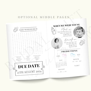 May include: Black and white printable baby shower activity pages with a word search, predictions for the baby, and a section for when the parents were young. The due date is August 27th, 2024.