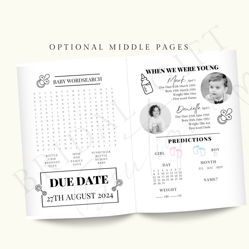 May include: Black and white printable baby shower activity pages with a word search, predictions for the baby, and a section for when the parents were young. The due date is August 27th, 2024.