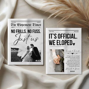 Aviso de fuga para impressão, anúncio de casamento, jornal, modelo de anúncio de fuga, cartão de anúncio de fuga editável, design Canva