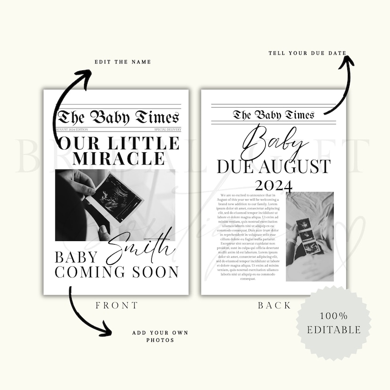 May include: A black and white printable baby announcement card with a newspaper design. The front of the card says "The Baby Times" and "Our Little Miracle" with a black and white ultrasound image. The back of the card says "The Baby Times" and "Baby Due August 2024" with a black and white ultrasound image.