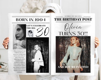 Birthday Newspaper Template, Editable Canva Newspaper Birthday invitation, unique personalised birthday invitation Newspaper For Photography
