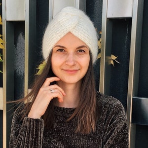 White Knit Turban Mohair hat handmade Full Turban gift for mother Boho Retro Style headwrap Headband Hijab twist turban hat