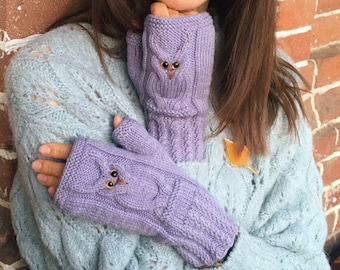 Owl mittens Fingerless gloves gift for owl lovers Ukrainian seller Hand knit owl mitts for women Wool winter arm warmers