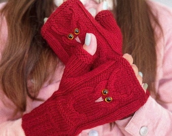 Hand knitted fingerless gloves with owl for woman Owl lover gift Christmas gift for kids