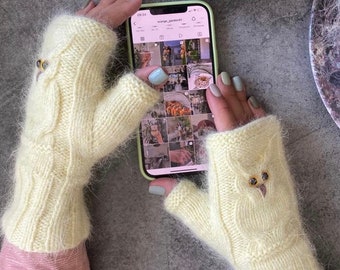 Fluffy Owl mittens for women owl lovers gift for friend soft Winter knit gloves Wool mitts birthday gift for sister Ukraine seller