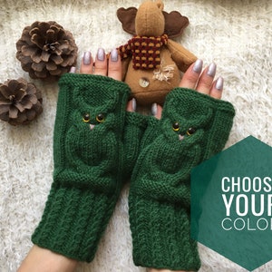 Owl fingerless mittens woman Wool owl lovers gift Fingerless gloves mitts for girl knit mittens Warm mitts Knitted warm fingerless Owl gifts image 1