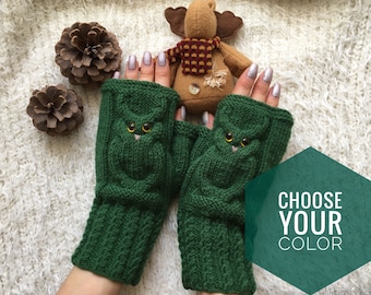 Owl fingerless mittens woman Wool owl lovers gift Fingerless gloves mitts for girl knit mittens Warm mitts Knitted warm fingerless Owl gifts
