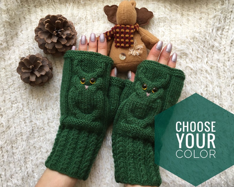 Owl fingerless mittens woman Wool owl lovers gift Fingerless gloves mitts for girl knit mittens Warm mitts Knitted warm fingerless Owl gifts image 1