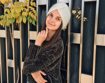 Light Beige Mohair Winter Turban Hat, Knitted Turban, Fall  display picture 1